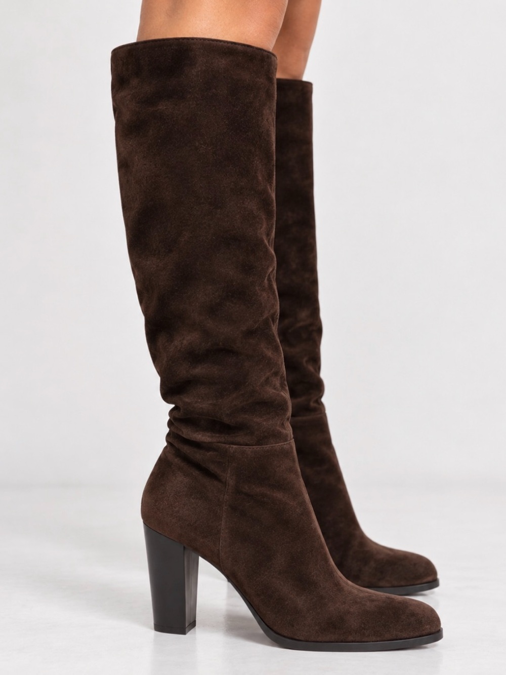 Prada Knee High Heeled Tall Boots Chocolate Brown Suede Leather Size EU 41